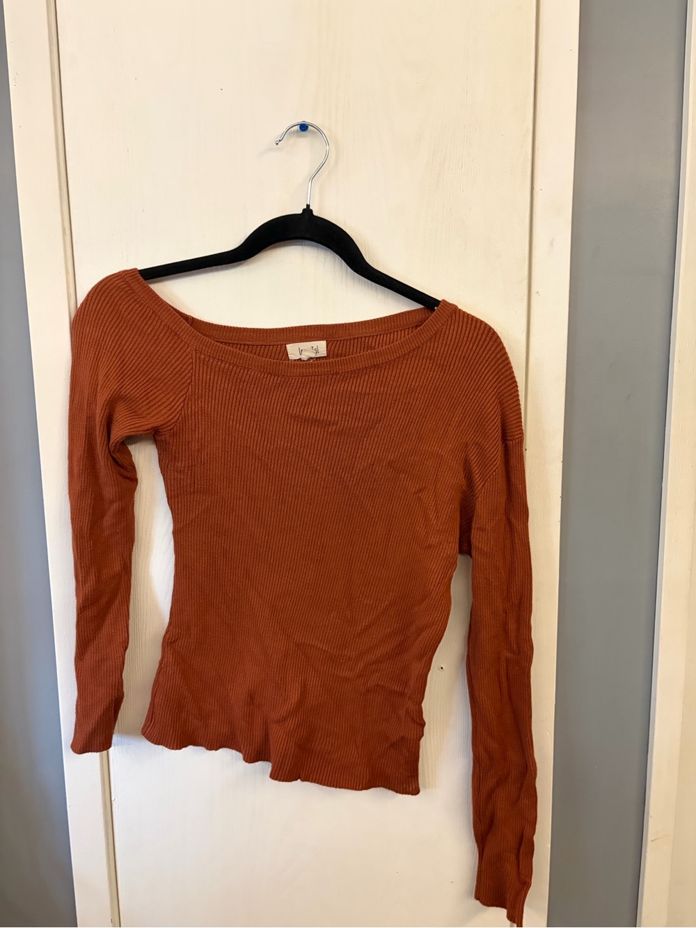 La Miel Ribbed Long Sleeve Off Shoulder Top - Rust